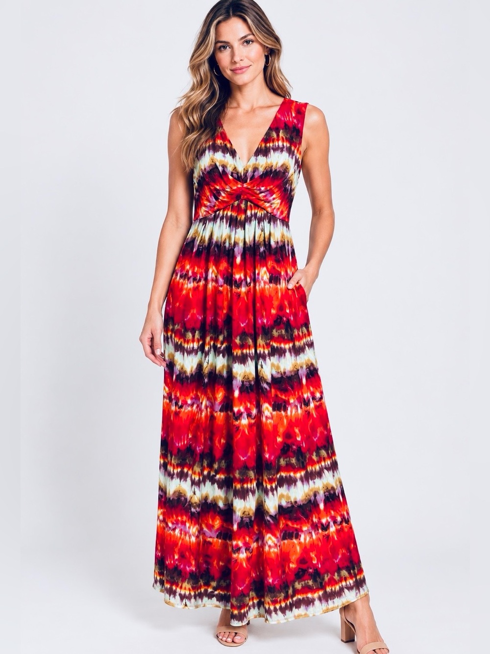 Chico’s Tie Dye Abstract Print Sleeveless V Neck Maxi Dress Empire Waist Medium